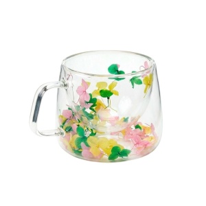 Cană cu inserție de flori uscate, hortensie galben, verde și roz, pereți dubli, sticlă borosilicată, 200 ml, Aurora Bloom