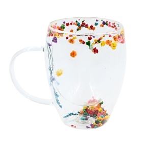 Cană cu inserție de flori uscate multicolor, floarea miresei, pereți dubli, sticlă borosilicată, 350 ml, Aurora Bloom