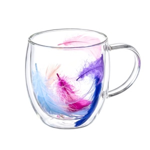 Cană cu inserție de pene mov, roz, albastru și alb, pereți dubli, sticlă borosilicată, 250 ml, Aurora Bloom