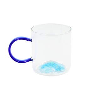 Cană cu model 3D inimioară albastra, pereți dubli, sticlă borosilicată și inserție de sclipici, 300 ml, Aurora Glow
