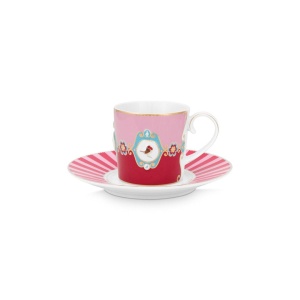 Cană espresso cu farfurioară, Pip Studio, 200ml, Red and Pink, colecția Love Birds