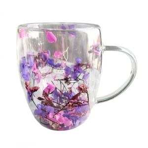 Cană termo, din sticlă borosilicată, cu gypsophila, hortensii, trandafiri, 300 ml, pereți dubli, eCarla, SZK166