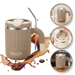 Cană termos cu capac și pai – 480 ml, maro
