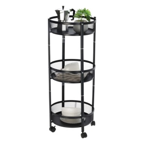 Cărucior de depozitare cu 3 coșuri rotunde din plasă metalică – Mobil cu roți, culoare negru Ø37x88 cm