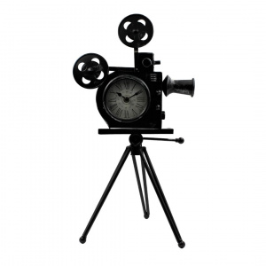 Ceas retro, model camera video cu trepied, metalic, culoare negru vintage