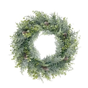 Coroniță decorativă, de Crăciun, cu frunziș verde și conuri, efect de brumă, 38 cm, WSN24