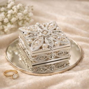 Cutie Bijuterii Pătrată 5x5 cm cu Flori, Perle și Strasuri AZAY – Casetă Bijuterii Elegantă, Cutie Inel, Cutie Cadou Femei cu Ambalaj Premium