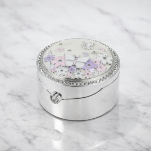 Cutie Bijuterii Rotundă 8 cm cu Fluture și Flori Colorate AZAY – Casetă Bijuterii Elegantă, Cutie Inel, Cadou Femei Premium cu Ambalaj