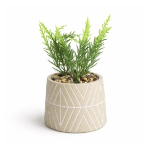 Plantă artificială decorativă 16 cm, în ghiveci ceramic gri cu model alb – design modern