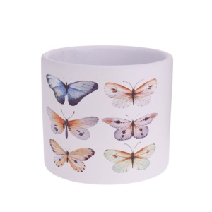 Decorative ceramic flower pot, white with butterfly illustrations, for plants and flowers, modern design, 13.5 x 12.5 cm