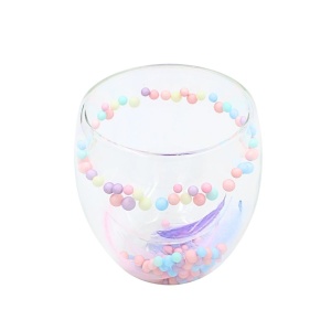 Pahar cu inserție de pene și bilute colorate pastel, roz și mov, pereți dubli, sticlă borosilicată, 250 ml, Aurora Bloom