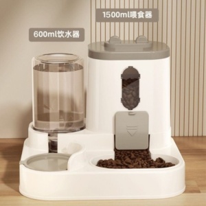Dozator automat pentru hrană și apă, 2 în 1, 650 ml apă, recipient hrană 0.5 kg, pentru pisici și câini mici, 25x23x20 cm, crem