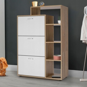 Dulap pantofi cu raft JUMI, 132x24x86 cm, PAL furniruit alb, 3 compartimente și spațiu lateral deschis