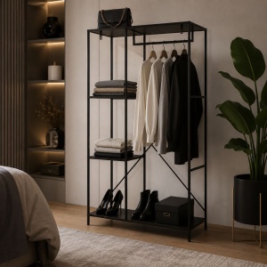 Elegant clothes rack with shelves and hanging rail, modern industrial design, black, 90 x 40 x 166.5 cm