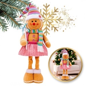 Figurină decorativă, de Crăciun, doamna turtă dulce, picioare telescopice, înălțime reglabilă 34–52 cm, pluș, KSN168
