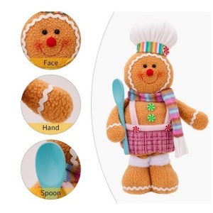Figurină decorativă, de Crăciun, om de turtă dulce bucătar, picioare telescopice, înălțime reglabilă 34–52 cm, pluș, KSN169