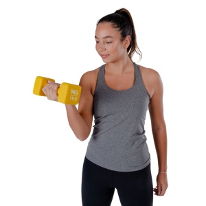 Ganteră neopren 5 kg Pure 2 Improve – capete pătrate, galben și ambalaj premium