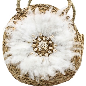 Geantă Boho din Fibre Naturale cu Scoici și Pene – Hoff Interieur, alb