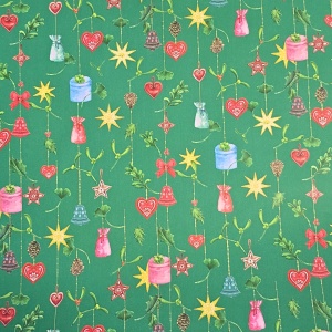 Hârtie mată pentru ambalat cadouri, decor verde cu clopoței, inimioare și stele, 200x70 cm