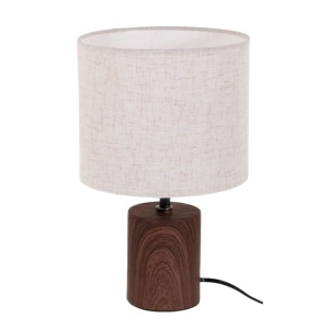 Lampă de masă decorativă cu abajur textil și bază efect lemn, E27, 18x29.5 cm