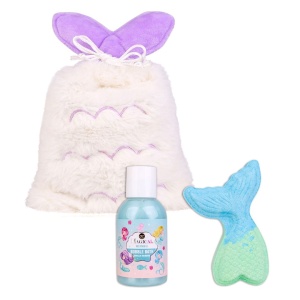 Set de baie pentru copii MAGICAL MERMAID în gentuță cosmetică de pluș, spumant de baie și bilă efervescentă cu parfum de vanilie
