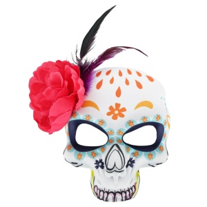 Mască Santa Muerte pentru Halloween, cu floare roz și pene, model craniu mexican multicolor