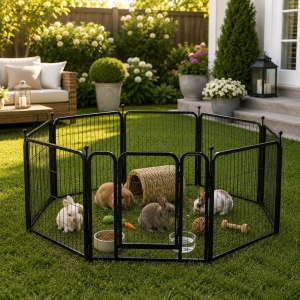 Țarc metalic pentru câini și animale mici, cu poartă și 8 panouri, 80x80 cm, pliabil, modular, portabil, pentru interior și exterior, negru