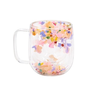 Mug with dried flower insert, pastel-colored hydrangea, double-walled, borosilicate glass, 250 ml, Aurora Bloom