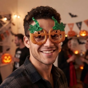 Ochelari Halloween, model dovleci zâmbitori, portocaliu cu sclipici, frunze verzi glitter, accesoriu festiv pentru petreceri tematice