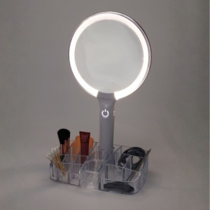 Oglindă de machiaj cu LED și organizator pentru accesorii, iluminare reglabilă, alimentare USB