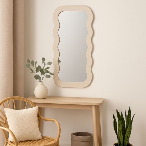 Oglindă decorativă cu ramă ondulată – 37x80 cm, sticlă + cadru MDF, bej