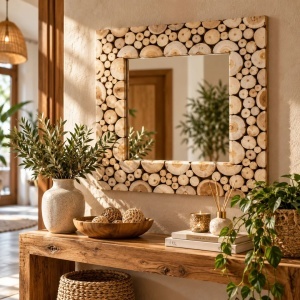 Oglindă decorativă, de perete, cu ramă din lemn natural de tec, design rustic-boho, pătrată, 50x50 cm