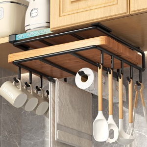 Organizator de bucătărie, suspendat, din metal, cu raft și cârlige pentru ustensile și căni, Ecarla, culoarea negru, 25×25 ×9,7 cm, OR116CZ