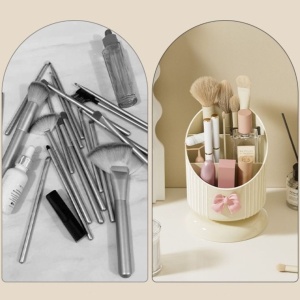 Organizator pentru pensule, crem cu fundiță roz, 15,8 x 11 cm, Ecarla