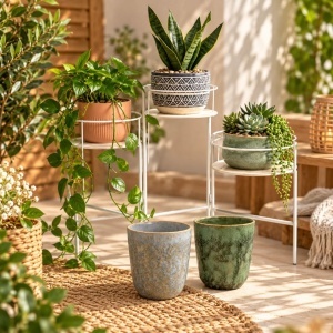 Pachet Suport metalic alb pentru 3 ghivece + 2 măști ceramice, Bleu & Verde