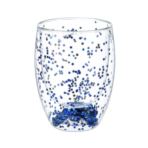 Pahar cu inserție de confetti steluțe albastre și negre, pereți dubli, sticlă borosilicată, 300 ml, Aurora Glow