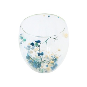 Pahar cu inserție de flori uscate, floarea miresei alb și albastru, pereți dubli, sticlă borosilicată, 250 ml, Aurora Bloom
