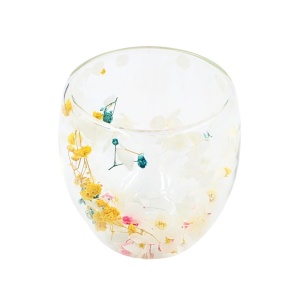 Pahar cu inserție de flori uscate, hortensii și floarea miresei, alb si galben, pereți dubli, sticlă borosilicată, 250 ml, Aurora Bloom