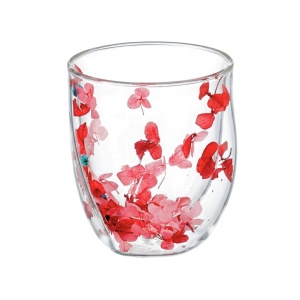 Pahar cu inserție de flori uscate roșu și roz, hortensie, pereți dubli, sticlă borosilicată, 250 ml, Aurora Bloom
