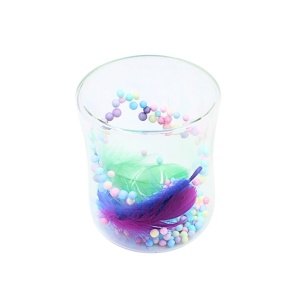 Pahar cu inserție de pene mov, verzi și biluțe colorate pastel, pereți dubli, sticlă borosilicată, 200 ml, Aurora Bloom