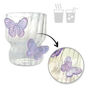 Pahar din sticlă borosilicată, cu pereți ondulați și fluturași mov, 260 ml, eCarla, SZK162