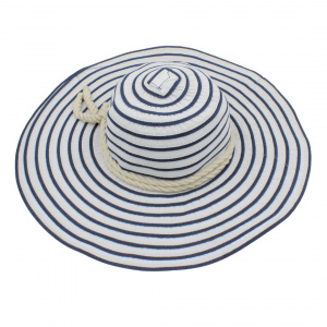 Pălărie de plajă damă Tiara, alb cu dungi albastre, boruri foarte largi, stil marin, ușoară și respirabilă, protecție solară, diametru 43 cm
