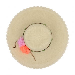 Pălărie de plajă damă Tiara, bej cu flori decorative, boruri foarte largi, elegantă, ușoară și respirabilă, protecție solară, diametru 43 cm