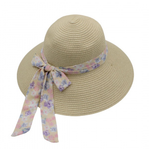 Pălărie de plajă damă Tiara, crem cu fundă florală, boruri largi, elegantă, ușoară și respirabilă, protecție solară, diametru 41 cm