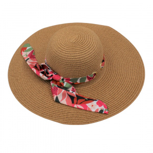 Pălărie de plajă damă Tiara, maro cu fundă florală, boruri largi, stil elegant, ușoară și respirabilă, protecție solară, diametru 43 cm