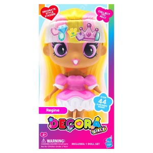 Păpușă Mini Decora Regina 13 cm cu Accesorii – Păpușă de Personalizat, Peste 40 Surprize, păr lung, colecția Decora Girlz