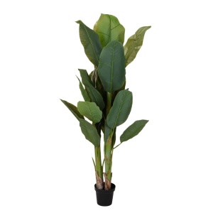 Plantă artificială Bananier 165 cm, cu 23 frunze verzi cu detalii realiste, pentru interior, în ghiveci negru