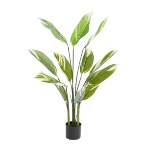 Plantă artificială Calathea 118 cm, cu frunze verzi variegate, aspect realist, pentru interior, ghiveci negru inclus