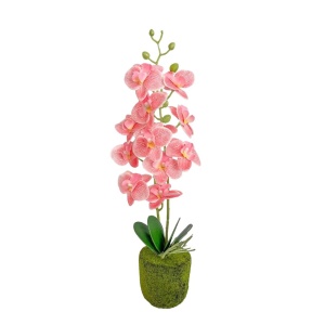 Plantă artificială Orhidee 40 cm, cu flori roz și frunze verzi, pentru interior
