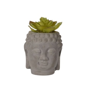 Plantă artificială Suculentă în ghiveci de ciment 12.5 cm, formă de statuetă cap Buddha, gri cu verde